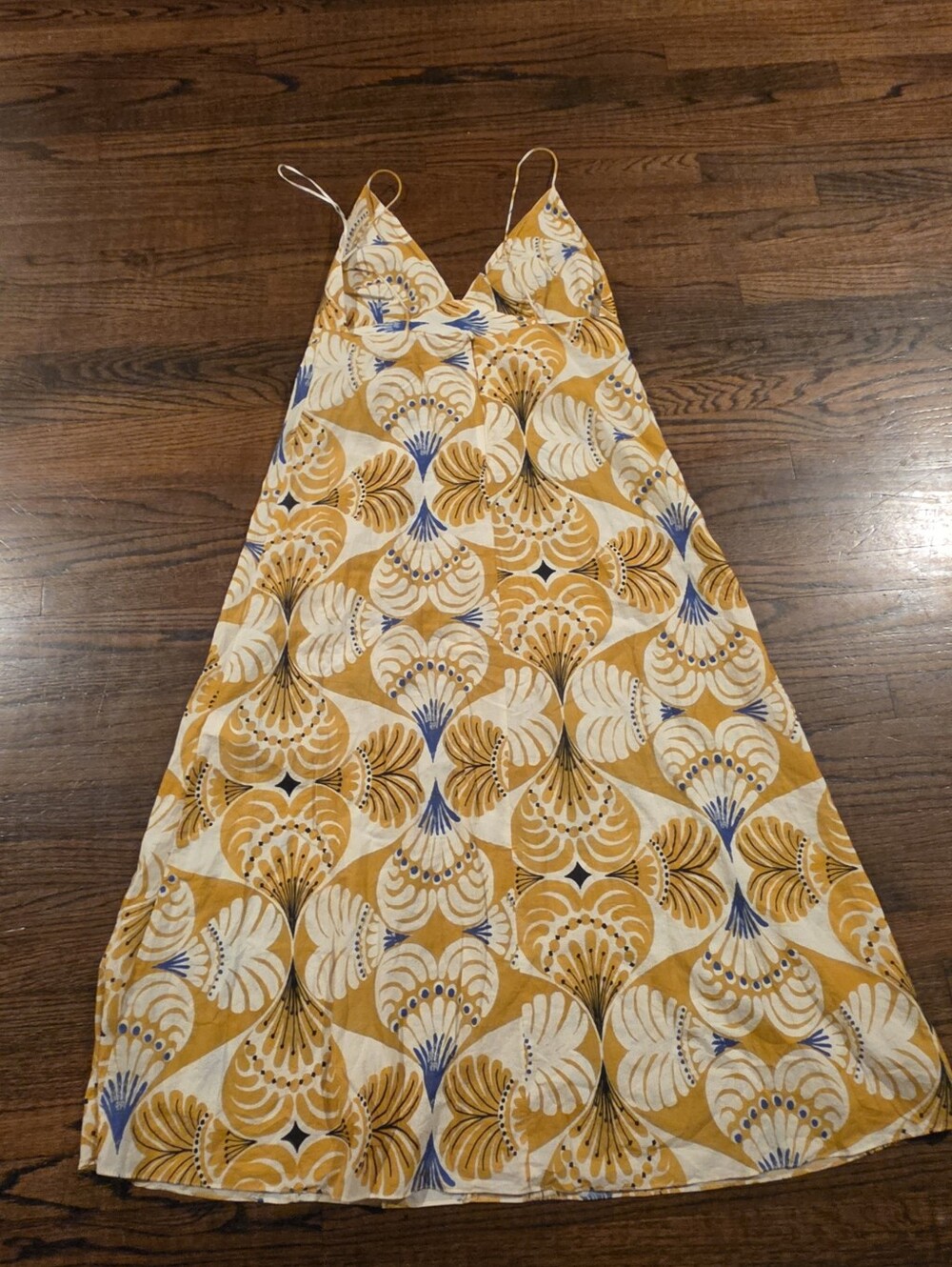 Zara Yellow Blue Printed Spaghetti-Strap Maxi Dress